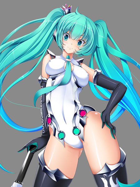 Anime picture 1200x1600 with vocaloid vocaloid append hatsune miku hatsune miku (append) torisan single long hair tall image looking at viewer blush light erotic simple background smile twintails aqua eyes aqua hair grey background alternate costume girl gloves