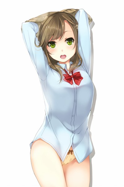 Anime picture 667x1000 with original unasaka ryou single long hair tall image looking at viewer blush open mouth light erotic simple background brown hair white background green eyes girl underwear panties