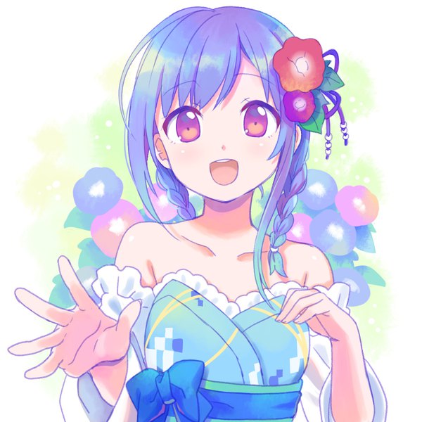 Anime picture 900x900 with original shati single long hair looking at viewer open mouth purple eyes bare shoulders purple hair upper body braid (braids) :d hair flower twin braids girl flower (flowers) detached sleeves morning glory