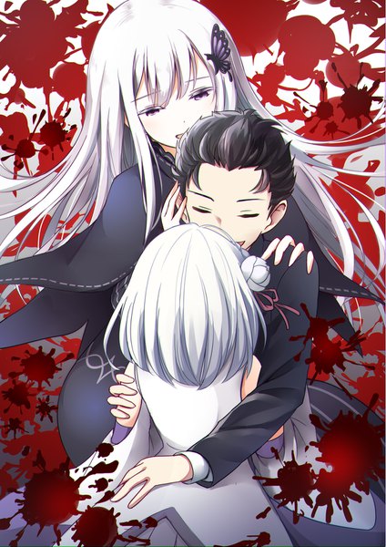 Anime picture 1200x1697 with re:zero kara hajimeru isekai seikatsu white fox emilia (re:zero) natsuki subaru echidna (re:zero) kamekichi (kamekiti) long hair tall image blush fringe short hair open mouth black hair hair between eyes purple eyes multiple girls payot silver hair white hair eyes closed