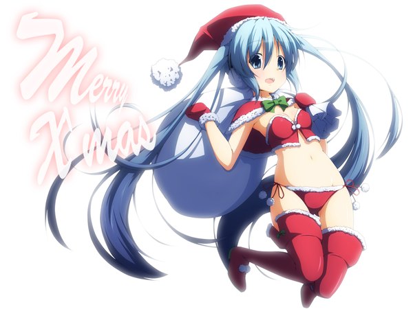 Anime picture 2000x1500 with vocaloid hatsune miku yuzuki kei single long hair highres open mouth blue eyes light erotic simple background white background twintails blue hair fur trim christmas merry christmas girl navel underwear panties