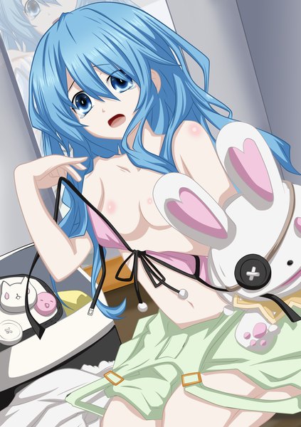 Anime picture 2540x3600 with date a live yoshino (date a live) yoshinon iitheluciferii single long hair tall image highres open mouth blue eyes light erotic bare shoulders blue hair censored coloring convenient censoring open bra girl lingerie bra