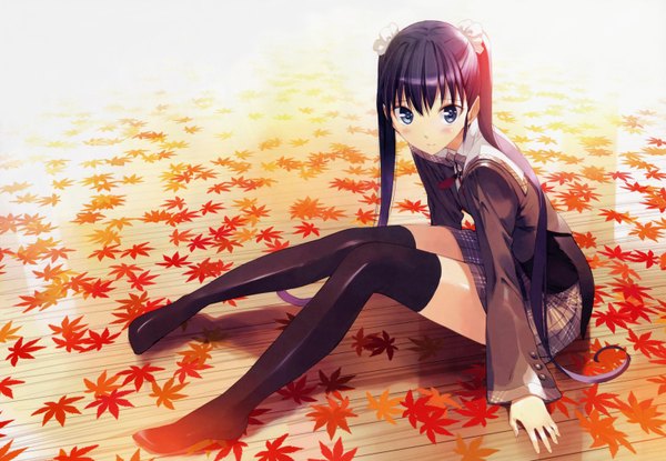 Anime picture 6032x4176 with akizora ni mau confetti andou saya ueda ryou single long hair looking at viewer blush highres blue eyes black hair smile sitting twintails absurdres sunlight no shoes girl thighhighs uniform black thighhighs