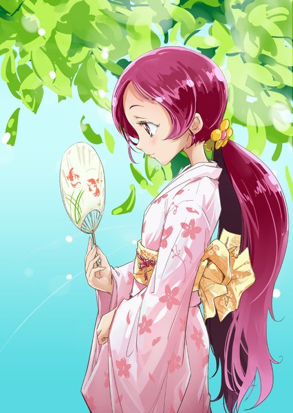 Anime picture 640x902 with precure heartcatch precure! toei animation hanasaki tsubomi mousoup single long hair tall image blush twintails pink hair traditional clothes japanese clothes profile pink eyes low twintails floral print looking down summer animal print