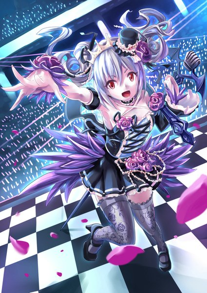 Anime picture 708x1000 with idolmaster idolmaster cinderella girls kanzaki ranko hitsuji (hitsuji kikaku) single long hair tall image looking at viewer open mouth red eyes silver hair armpit (armpits) anniversary princess girl thighhighs dress hair ornament shoes headdress