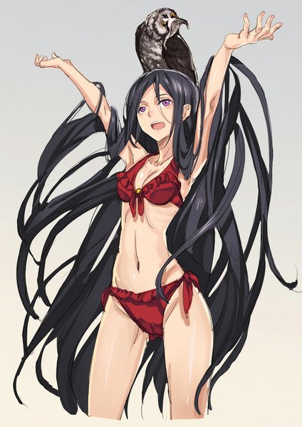 Anime picture 744x1052 with original ryuuzaki ichi single tall image open mouth light erotic black hair simple background purple eyes bare shoulders very long hair midriff looking up girl navel swimsuit animal bird (birds) owl