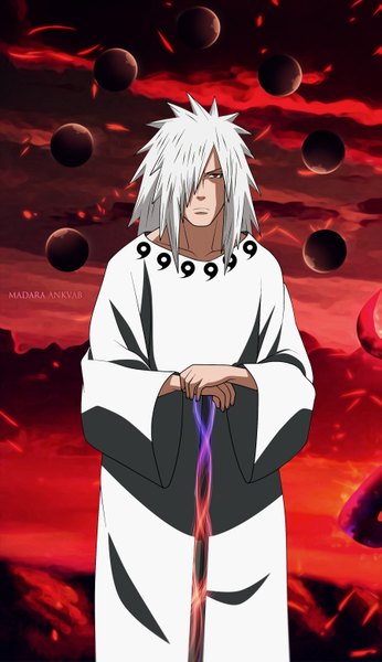 Anime picture 1799x3121 with naruto studio pierrot naruto (series) uchiha madara anvmadara single long hair tall image looking at viewer fringe highres red eyes sky cloud (clouds) white hair hair over one eye inscription coloring serious sharingan