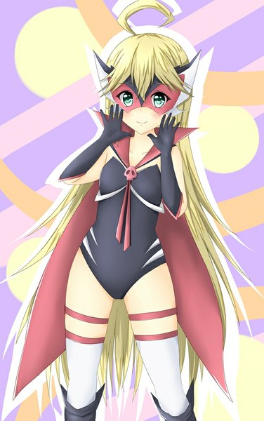 Anime picture 628x1000 with yatterman doronjo tear yu single tall image looking at viewer blush light erotic blonde hair smile very long hair aqua eyes girl gloves black gloves mask suit