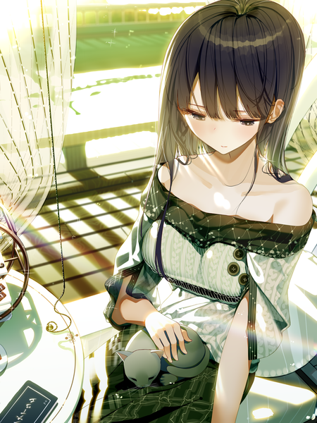 Anime picture 1440x1920 with original atha (leejuiping) single long hair tall image fringe black hair sitting bare shoulders indoors blunt bangs from above light smile black eyes sunlight off shoulder looking down hair over shoulder girl animal