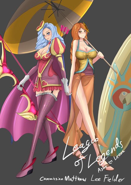 Anime picture 2893x4092 with league of legends ashe (league of legends) leona (league of legends) pool party leona torahime (roland00) long hair tall image looking at viewer blush highres blue eyes light erotic simple background smile brown hair multiple girls brown eyes blue hair dark background girl