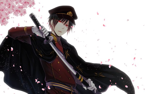 Anime picture 1577x1020 with durarara!! brains base (studio) orihara izaya no_yzrh single looking at viewer short hair open mouth black hair red eyes white background wind alternate costume cherry blossoms fighting stance boy gloves uniform flower (flowers) petals