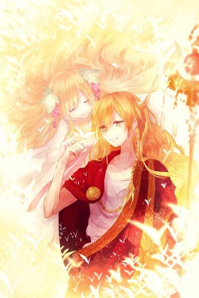 Anime picture 2000x3000 with magi the labyrinth of magic a-1 pictures scheherazade (magi) titus alexius secret-korea tall image highres open mouth blonde hair standing bare shoulders yellow eyes looking away braid (braids) eyes closed very long hair light smile sunlight tears light