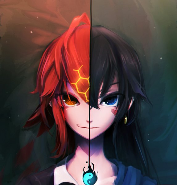 Anime picture 900x941 with original pixiv fantasia pixiv fantasia t qian ye (qys3) tian ling (qys3) qys3 long hair tall image looking at viewer short hair simple background smile multiple girls ahoge red hair orange hair orange eyes tattoo dark background yin yang