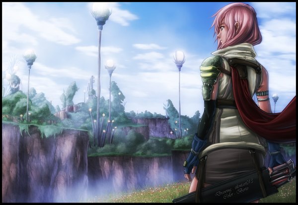 Anime picture 1400x967 with final fantasy final fantasy xiii square enix lightning farron diabolumberto single short hair pink hair sky cloud (clouds) grey eyes coloring girl gloves plant (plants) tree (trees) grass