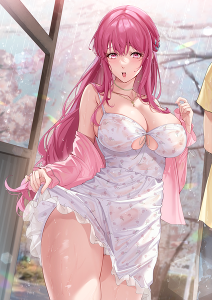 Anime picture 1042x1473 with koi ni tsuite 0.1-paasento shiren (koi ni tsuite 0.1-paasento) nu10040904 long hair tall image blush fringe breasts open mouth light erotic large breasts standing looking away pink hair cleavage outdoors braid (braids) long sleeves pink eyes fingernails