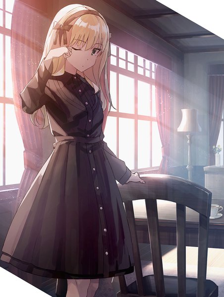 Anime picture 950x1260 with original k-me single long hair tall image looking at viewer fringe blonde hair standing green eyes one eye closed sunlight arm support lolita fashion goth-loli girl dress window hairband black dress
