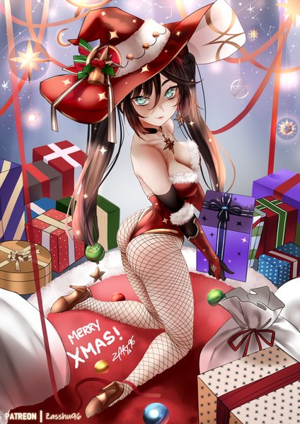 Anime picture 1060x1500 with genshin impact mona megistus zasshu single long hair tall image looking at viewer fringe breasts light erotic black hair hair between eyes large breasts twintails holding signed payot cleavage full body bent knee (knees)
