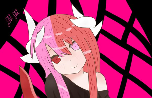 Anime picture 1500x970 with original shishi gum single long hair looking at viewer fringe simple background smile hair between eyes red eyes signed pink hair upper body red hair head tilt pink eyes multicolored hair horn (horns) off shoulder two-tone hair