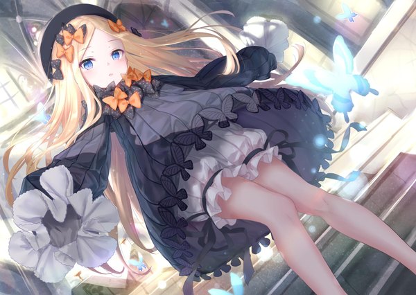 Anime picture 1800x1280 with fate (series) fate/grand order abigail williams (fate) kachayori single long hair looking at viewer blush fringe highres open mouth blue eyes blonde hair standing indoors long sleeves wind bare legs from below dutch angle