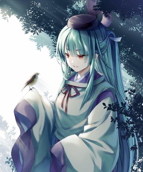 Anime picture 1000x1200 with touhou mystical power plant original suitokuin tenmu hichou single long hair tall image red eyes looking away upper body outdoors long sleeves traditional clothes japanese clothes sunlight aqua hair half updo bird on hand girl