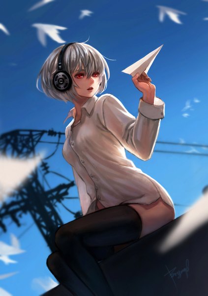 Anime picture 1000x1419 with original bryanth single tall image short hair open mouth red eyes silver hair girl thighhighs black thighhighs animal shirt headphones bird (birds) paper airplane