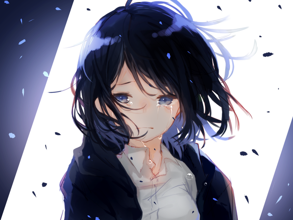 Anime picture 1600x1200 with original kuroba 00 single looking at viewer fringe short hair blue eyes simple background hair between eyes blue hair upper body wind open clothes tears crying girl shirt white shirt