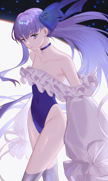 Anime picture 1771x2952 with fate (series) fate/grand order meltryllis (fate) meltryllis (swimsuit lancer) (fate) jesse (pixiv34586727) single tall image looking at viewer fringe highres blue eyes light erotic hair between eyes standing bare shoulders purple hair long sleeves very long hair head tilt wide sleeves