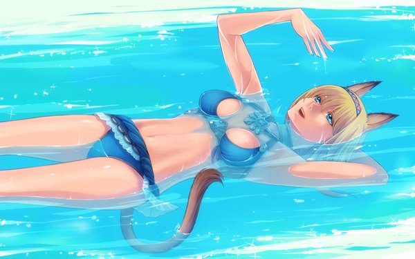 Anime picture 1600x1000 with final fantasy square enix mithra takatsuki kahiro short hair open mouth blue eyes light erotic blonde hair wide image animal ears animal tail girl swimsuit water