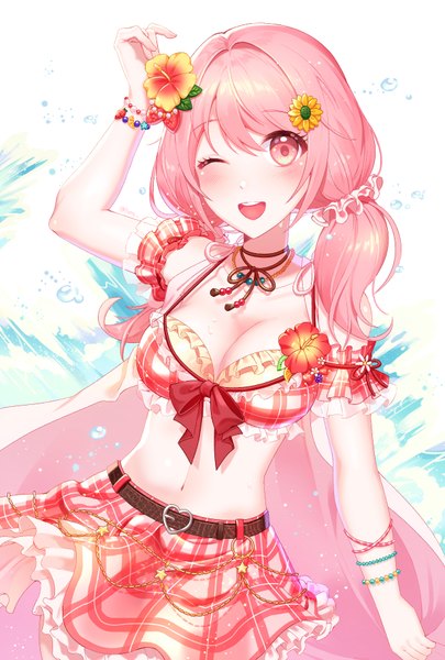 Anime picture 1228x1819 with bang dream! maruyama aya aete single long hair tall image looking at viewer fringe breasts open mouth large breasts white background twintails pink hair cleavage blunt bangs one eye closed pink eyes arm up hair flower