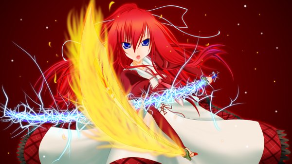 Anime picture 1200x675 with 11 eyes doga kobo kusakabe misuzu open mouth blue eyes wide image red hair girl fire