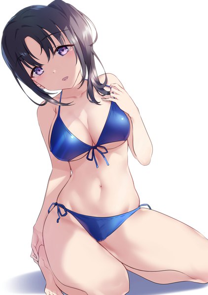 Anime picture 1500x2134 with love live! sunshine!! sunrise (studio) love live! kazuno sarah yamaori (yamaorimon) single tall image looking at viewer blush fringe short hair breasts open mouth light erotic black hair simple background hair between eyes large breasts white background sitting