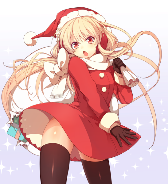 Anime picture 1000x1096 with original nitaka (fujikichi) single long hair tall image blush fringe open mouth light erotic blonde hair red eyes standing christmas girl thighhighs gloves bow black thighhighs hat black gloves