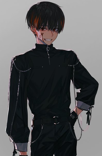 Anime picture 658x999 with original hirota tsuu single tall image short hair black hair simple background red eyes standing upper body multicolored hair grey background two-tone hair streaked hair hand on hip piercing ear piercing blood on face fashion hexagram