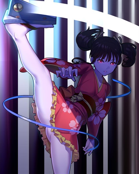 Anime picture 800x1000 with koutetsujou no kabaneri wit studio mumei (kabaneri) ririko (zhuoyandesailaer) single tall image looking at viewer short hair light erotic black hair red eyes twintails traditional clothes japanese clothes legs short twintails convenient censoring girl ribbon (ribbons) kimono