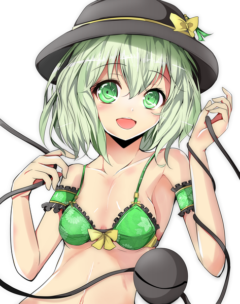 Anime picture 2067x2625 with touhou komeiji koishi velia (artist) single tall image blush highres short hair open mouth light erotic simple background white background green eyes looking away girl swimsuit hat bikini eyeball