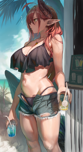 Anime picture 2215x4023 with original isabella (marse) marse (rokudaime) single long hair tall image fringe highres breasts light erotic hair between eyes large breasts standing holding yellow eyes looking away sky cloud (clouds) ahoge outdoors