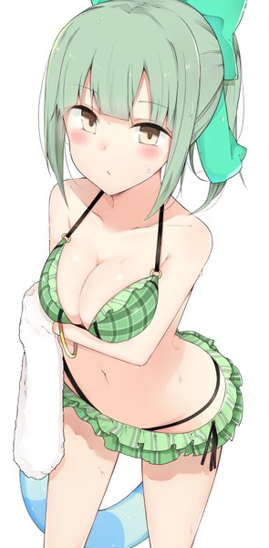 Anime picture 839x1704 with kantai collection yuubari light cruiser cole single tall image looking at viewer blush fringe short hair breasts light erotic simple background large breasts white background bare shoulders yellow eyes cleavage ponytail blunt bangs green hair