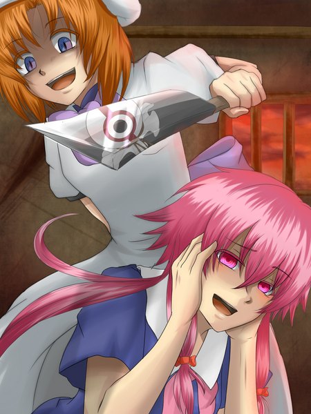 Anime picture 1500x2000 with higurashi no naku koro ni mirai nikki studio deen ryuuguu rena gasai yuno hirasaka yomotsu long hair tall image short hair open mouth blue eyes twintails multiple girls pink hair pink eyes orange hair yandere girl dress boy