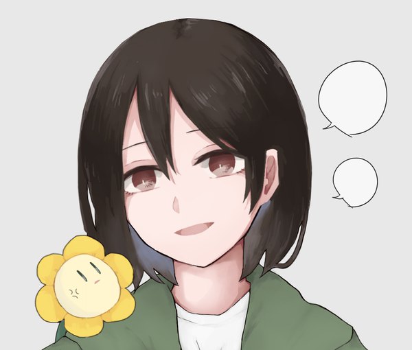 Anime picture 1000x850 with undertale chara (undertale) flowey (undertale) hk o p fringe short hair open mouth simple background hair between eyes red eyes brown hair looking away upper body light smile grey background alternate costume portrait angry androgynous anger vein