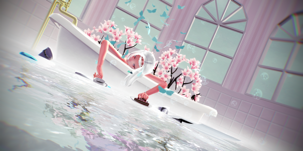 Anime picture 2700x1350 with original ristarr long hair highres red eyes wide image white hair light smile realistic cherry blossoms reflection girl plant (plants) tree (trees) water window sweets insect butterfly cup