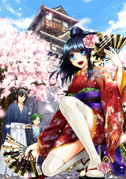 Anime picture 706x1000 with original makina (frog) long hair tall image short hair open mouth blue eyes black hair brown eyes cloud (clouds) traditional clothes japanese clothes hair flower green hair cherry blossoms girl thighhighs boy hair ornament flower (flowers)