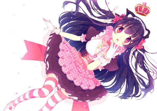 Anime picture 1457x1032 with original sakuramocchi single long hair looking at viewer blush fringe open mouth simple background red eyes brown hair white background animal ears bent knee (knees) pink eyes blurry cat ears puffy sleeves striped lacing
