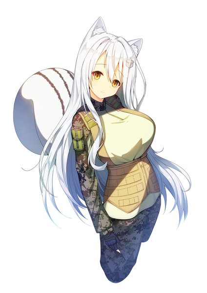 Anime picture 800x1132 with original tp (kido 94) single long hair tall image looking at viewer fringe breasts simple background hair between eyes large breasts white background brown eyes animal ears white hair tail animal tail light smile camouflage squirrel tail