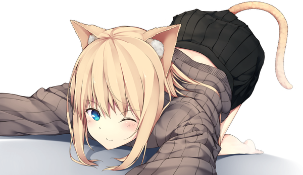 Anime picture 1000x581 with original uf 6018 single long hair blush fringe blue eyes simple background blonde hair hair between eyes wide image white background animal ears payot tail animal tail pleated skirt one eye closed barefoot light smile