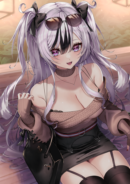 Anime picture 2508x3541 with azur lane elbe (azur lane) elbe (pure-hearted bad girl) (azur lane) trtrpnk single long hair tall image looking at viewer blush fringe highres breasts open mouth light erotic black hair smile hair between eyes large breasts sitting purple eyes