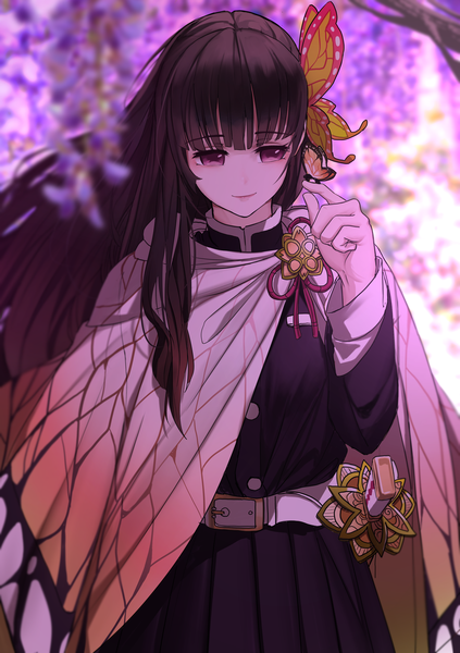 Anime picture 2581x3659 with kimetsu no yaiba ufotable tsuyuri kanao dishwasher1910 single long hair tall image fringe highres black hair standing purple eyes payot looking away blunt bangs long sleeves traditional clothes japanese clothes arm up light smile