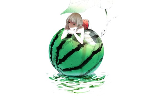 Anime picture 1920x1200 with original sousou (sousouworks) single highres short hair simple background blonde hair white background green eyes arm support wallpaper hands clasped girl swimsuit water food leaf (leaves) berry (berries) watermelon