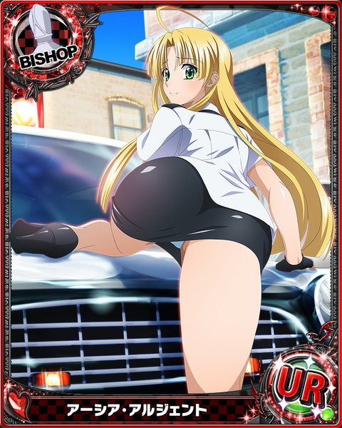 Anime picture 640x800 with highschool dxd asia argento single long hair tall image light erotic blonde hair green eyes looking back card (medium) girl skirt uniform miniskirt shoes ground vehicle car police uniform