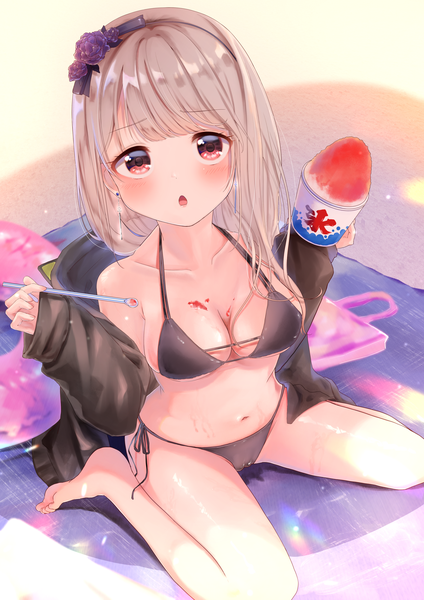 Anime picture 2041x2887 with original elument (qurilemo) single tall image looking at viewer blush fringe highres short hair breasts open mouth light erotic red eyes sitting bare shoulders holding full body blunt bangs barefoot from above