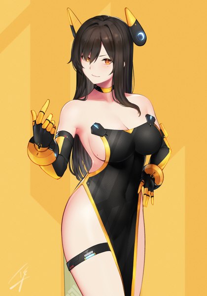 Anime picture 672x960 with original raiden (hayabusa) hayabusa single long hair tall image looking at viewer blush fringe breasts light erotic black hair simple background smile large breasts standing bare shoulders signed payot cleavage
